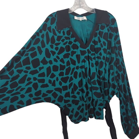 Diane Von Furstenberg Teal Black Animal Print Blouse V-Neck‎ Tie Waist L - Picture 7 of 15